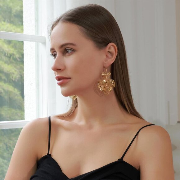 Big Gold Hollow Out Boho Geometric Hook Statement  Gold Heart Dangle Earrings - Picture 4 of 8